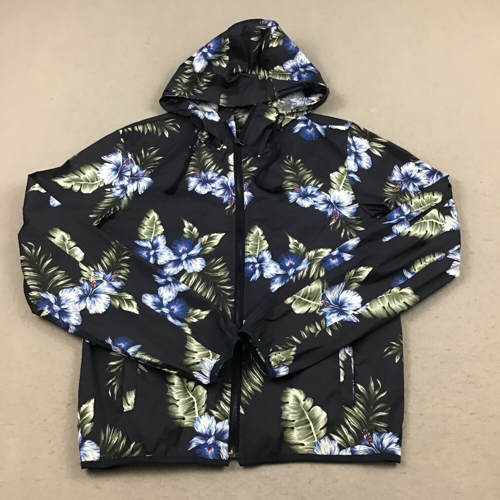 ZARA MAN Jacket Men Medium Blue Floral Hooded Windbreaker Slim Fit Lightweight M